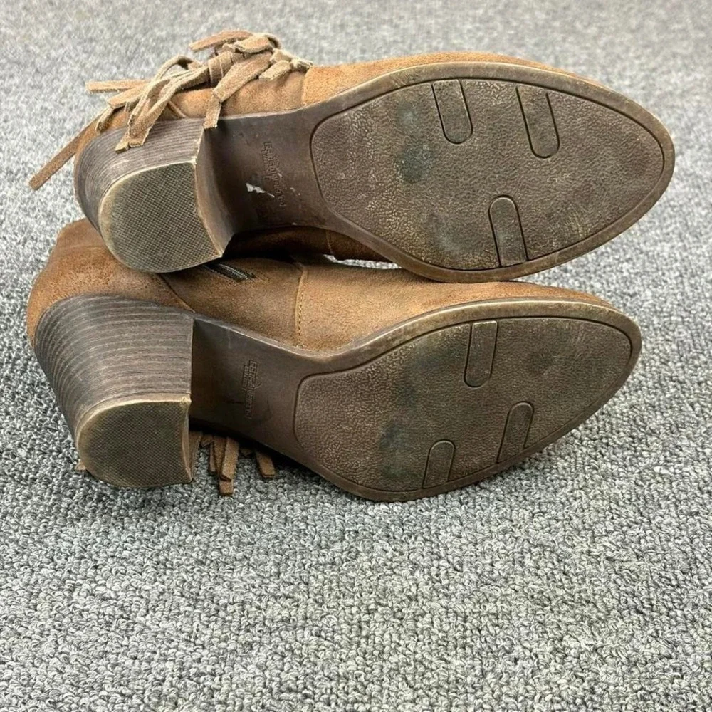Women's Brown Suede Leather Fringe Tassel Heel Side Zip Booties Boots Size 6.5 M